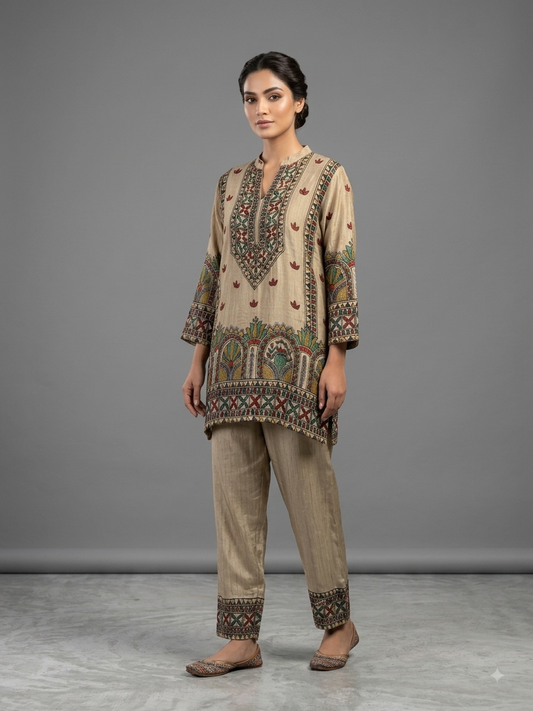 Beige Crepe Printed Cord Set