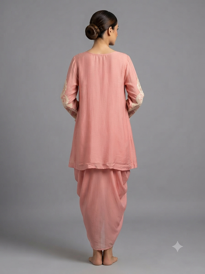 Peach georgette Embellish Shirt with Cowl Dreap skirt