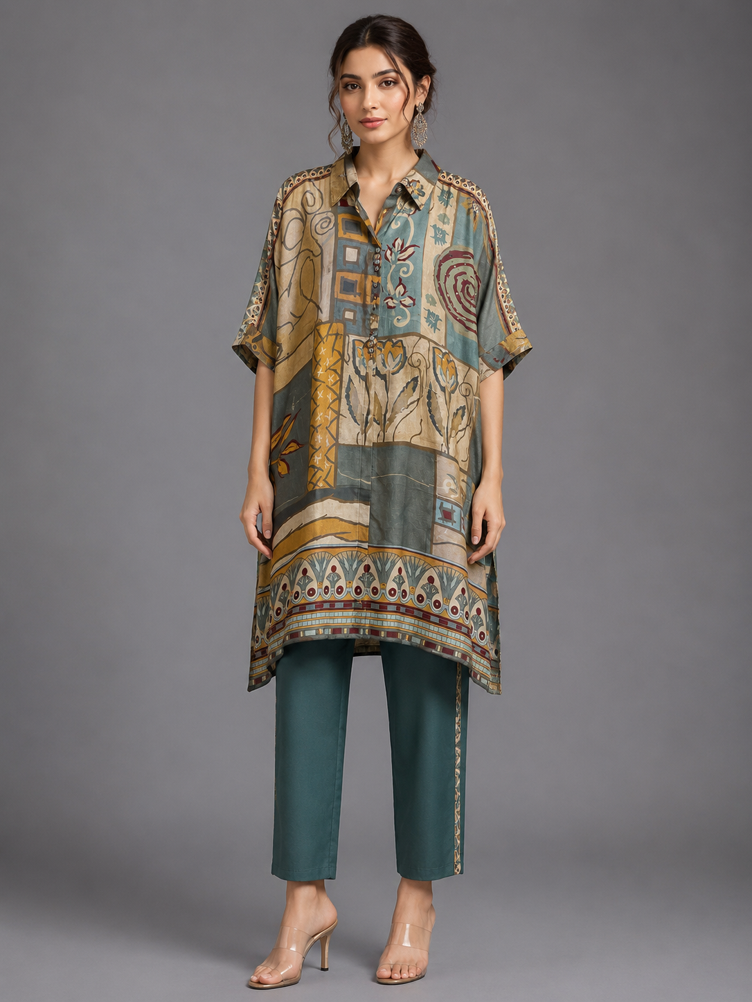 Abstract Printed Crepe Shirt & Teal Pant Cord Set