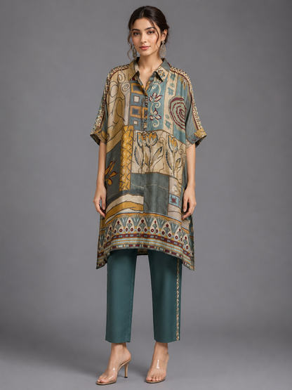 Abstract Printed Crepe Shirt & Teal Pant Cord Set
