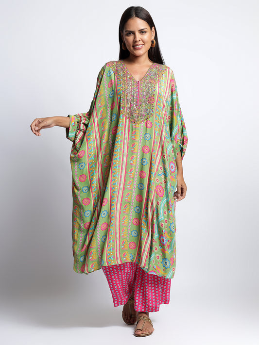 Green Crepe Hand Embroidered Printed Kaftan Set