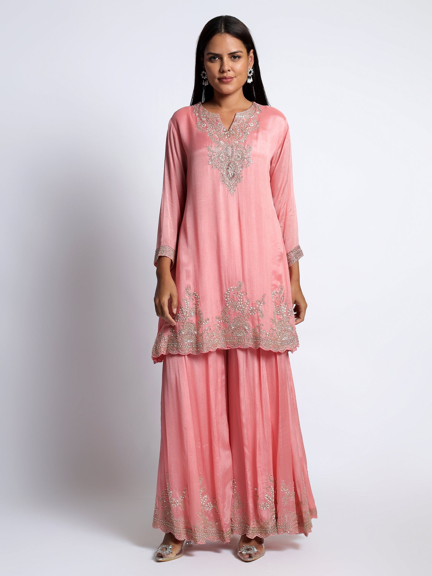 Pink Chinon Hand Embellished Sharara Set