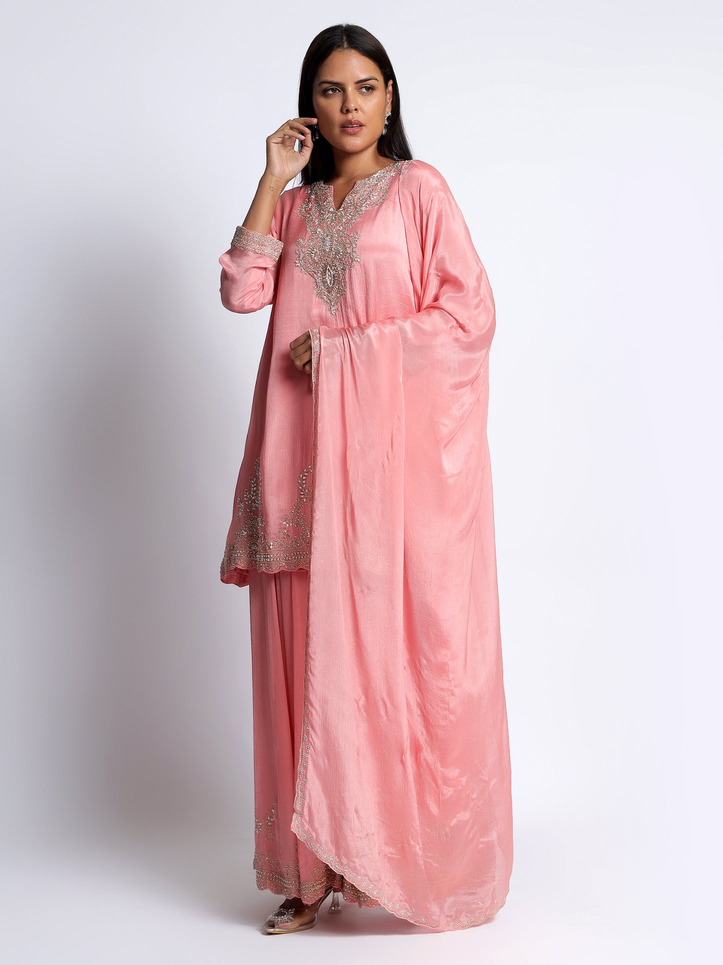 Pink Chinon Hand Embellished Sharara Set