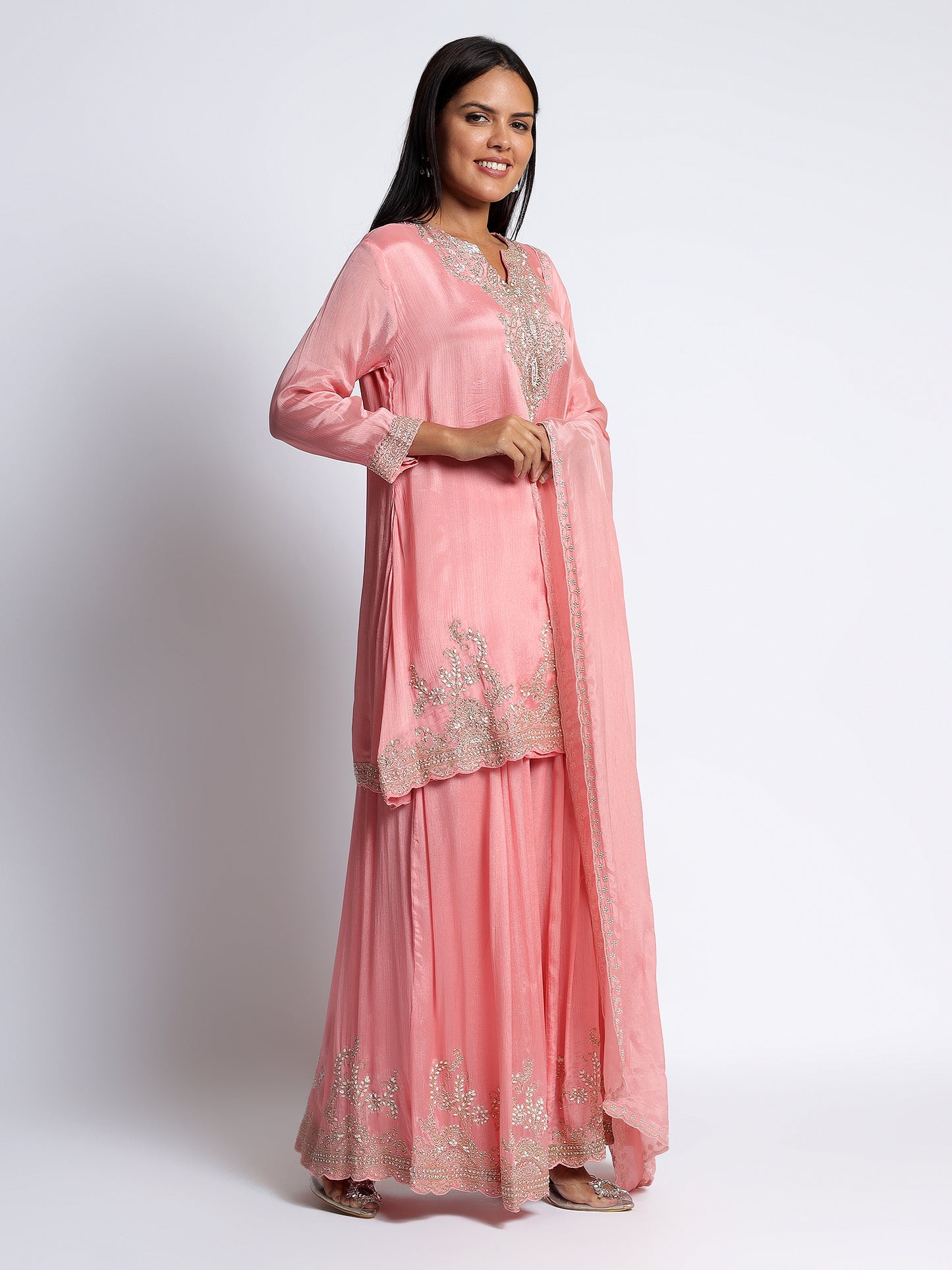 Pink Chinon Hand Embellished Sharara Set