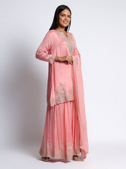 Pink Chinon Hand Embellished Sharara Set