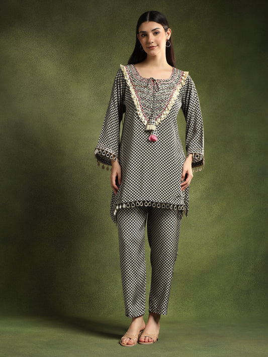 Monochrome Hand-Embroidered Cord Set