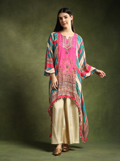 Multi Coloured Crepe Kurta and Pants Set