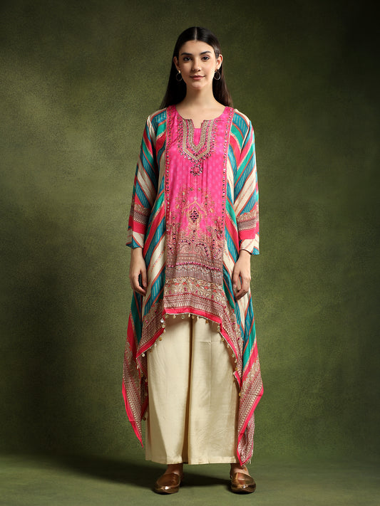 Multi Coloured Crepe Kurta and Pants Set
