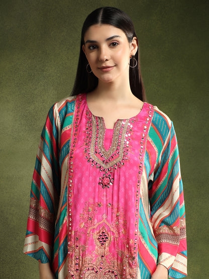 Multi Coloured Crepe Kurta and Pants Set