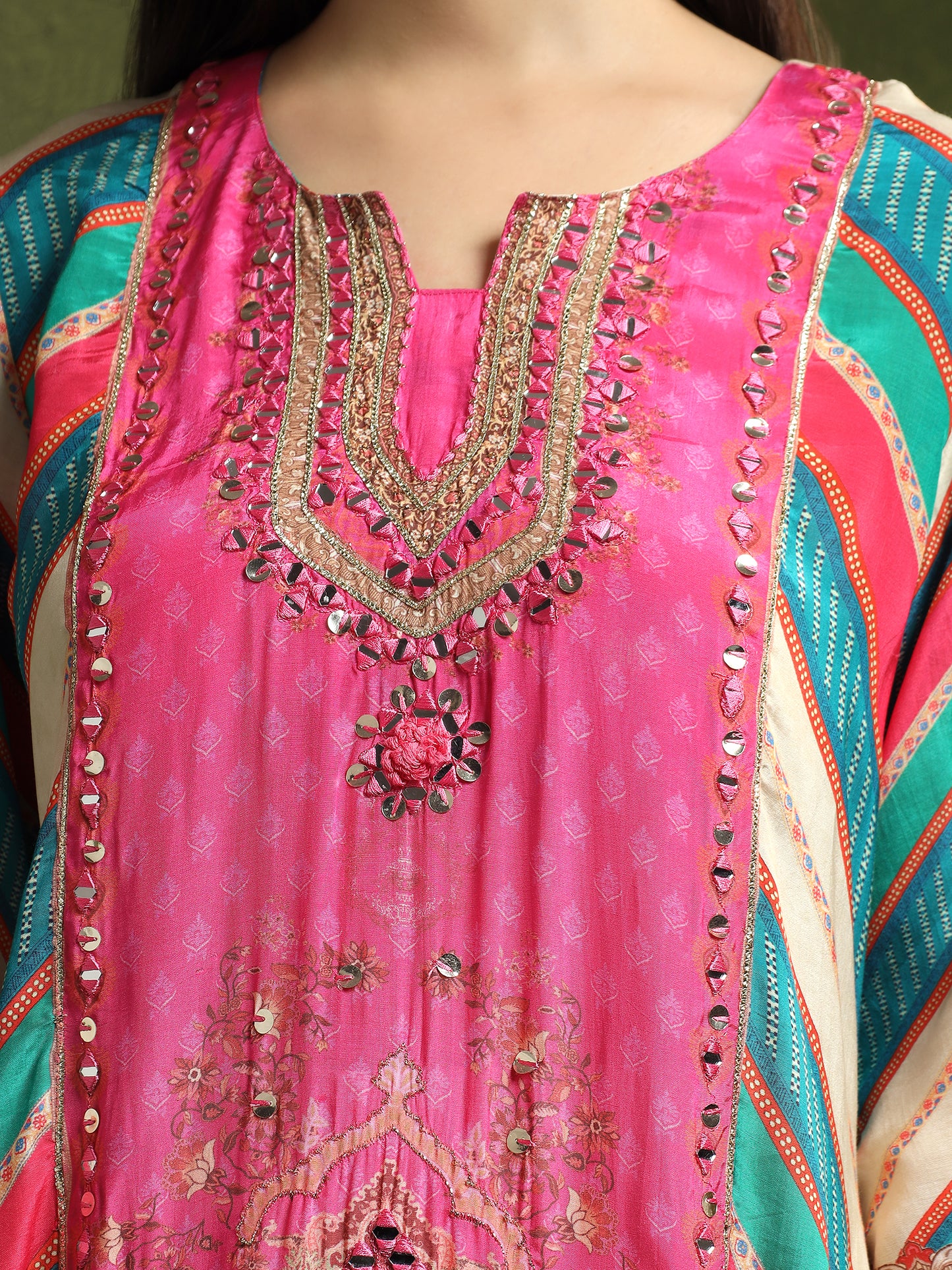 Multi Coloured Crepe Kurta and Pants Set