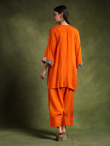 Orange Silk Kurta Set with Mirror Embellishments
