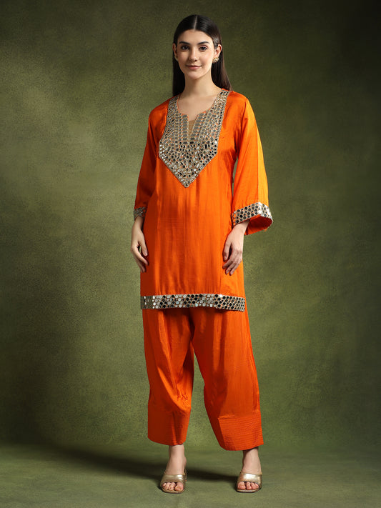 Orange Silk Kurta Set with Mirror Embellishments