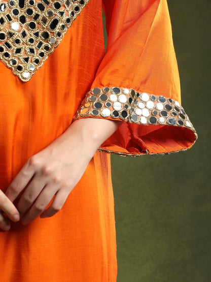 Orange Silk Kurta Set with Mirror Embellishments