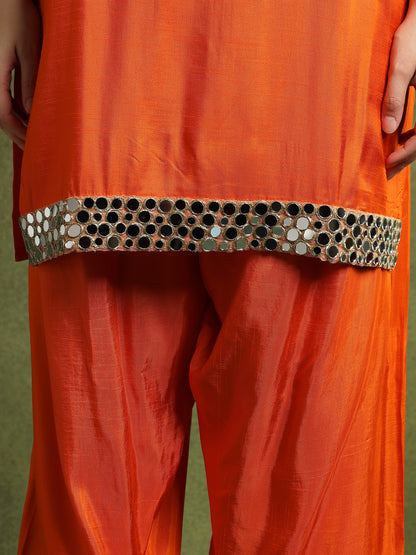 Orange Silk Kurta Set with Mirror Embellishments