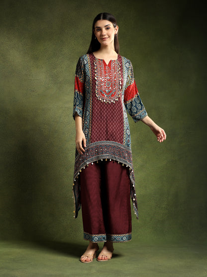 Silk Burgundy Hand-Embroidered Cord Set