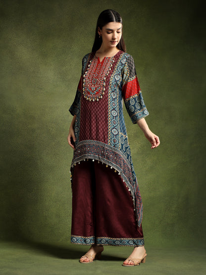 Silk Burgundy Hand-Embroidered Cord Set