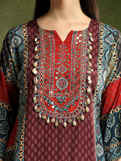 Silk Burgundy Hand-Embroidered Cord Set