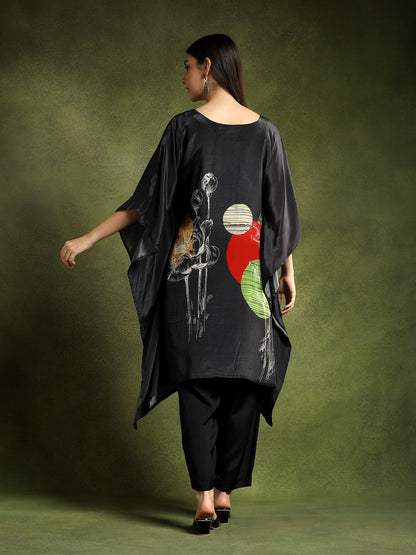 Charcoal Black Crepe Printed Kaftan Set
