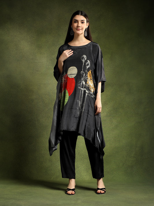 Charcoal Black Crepe Printed Kaftan Set