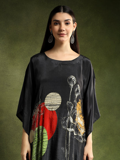 Charcoal Black Crepe Printed Kaftan Set