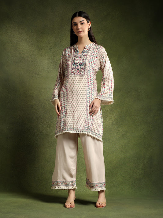 Cream Silk Printed Hand-Embroidered Cord Set