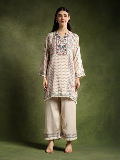 Cream Silk Printed Hand-Embroidered Cord Set