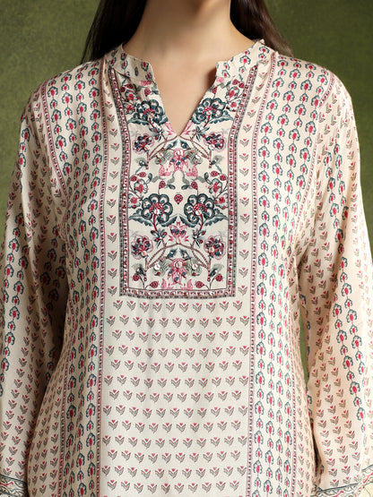 Cream Silk Printed Hand-Embroidered Cord Set