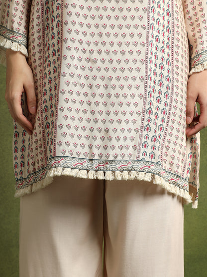Cream Silk Printed Hand-Embroidered Cord Set