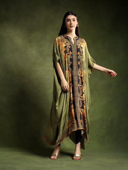 Crepe Sage Green Printed Kaftan Set