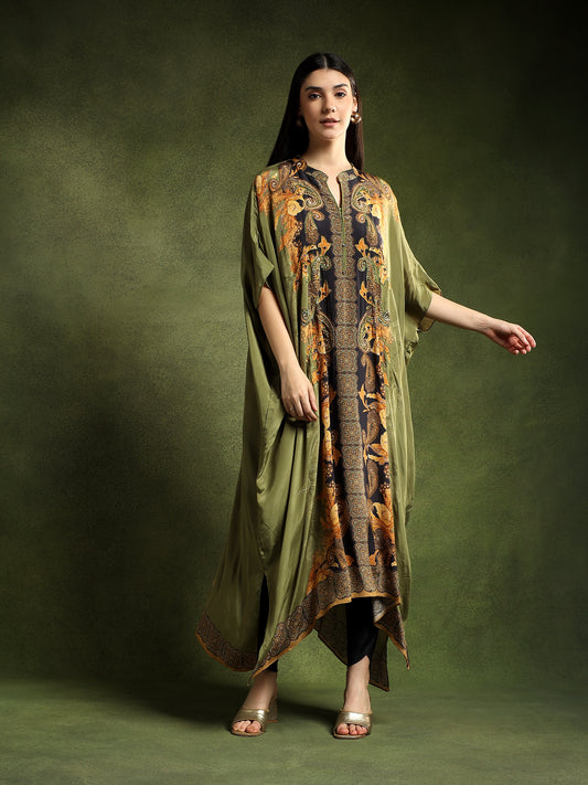 Crepe Sage Green Printed Kaftan Set