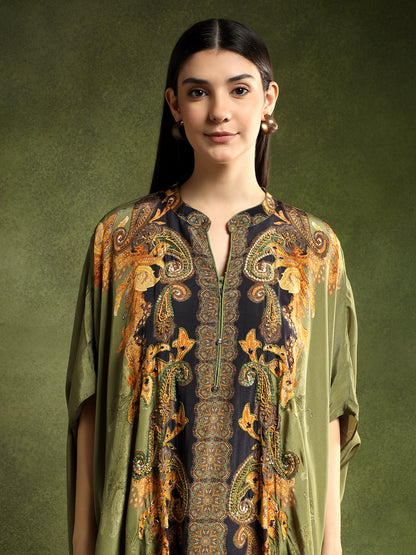 Crepe Sage Green Printed Kaftan Set
