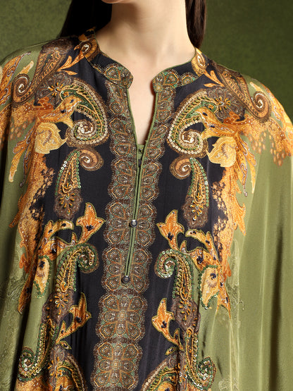 Crepe Sage Green Printed Kaftan Set