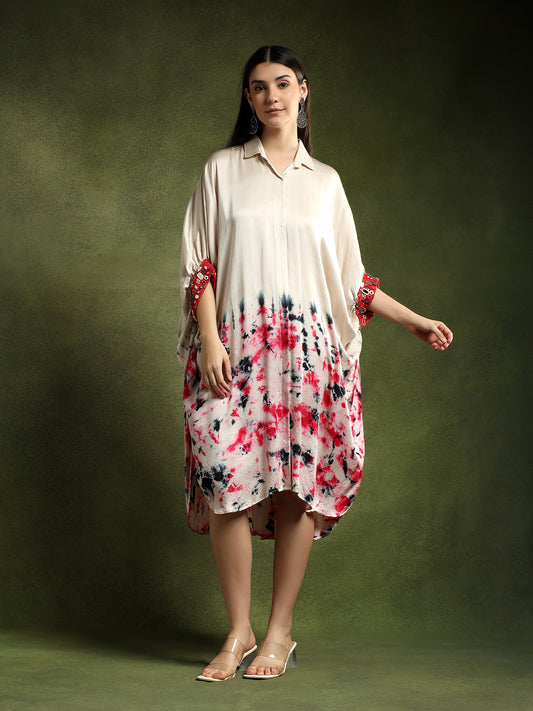 Satin Silk Beige Batik Print Shirt Dress