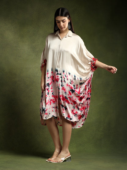 Satin Silk Beige Batik Print Shirt Dress