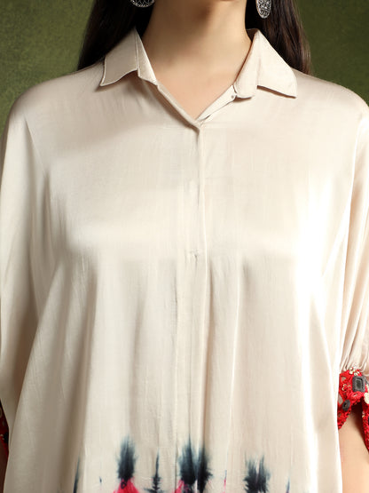 Satin Silk Beige Batik Print Shirt Dress