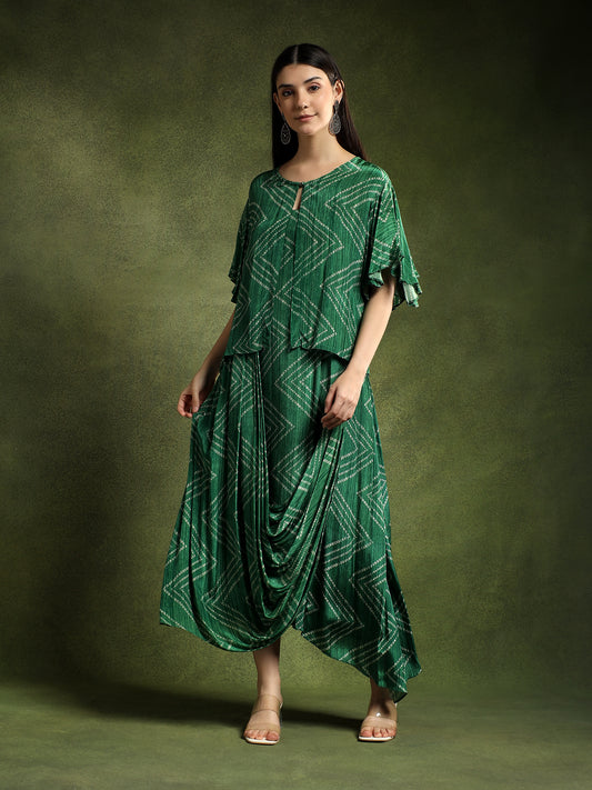 Green Bandhej Printed Satin Cape Dress