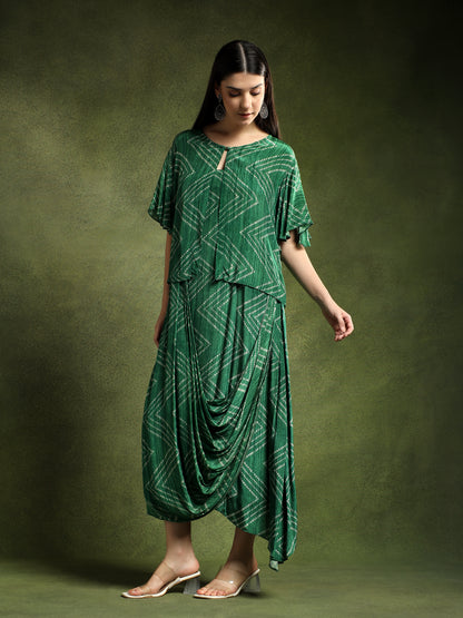 Green Bandhej Printed Satin Cape Dress