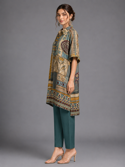Abstract Printed Crepe Shirt & Teal Pant Cord Set