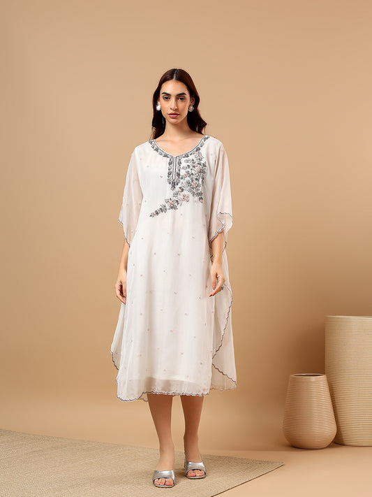 White Georgette Hand Embroidered Kaftan