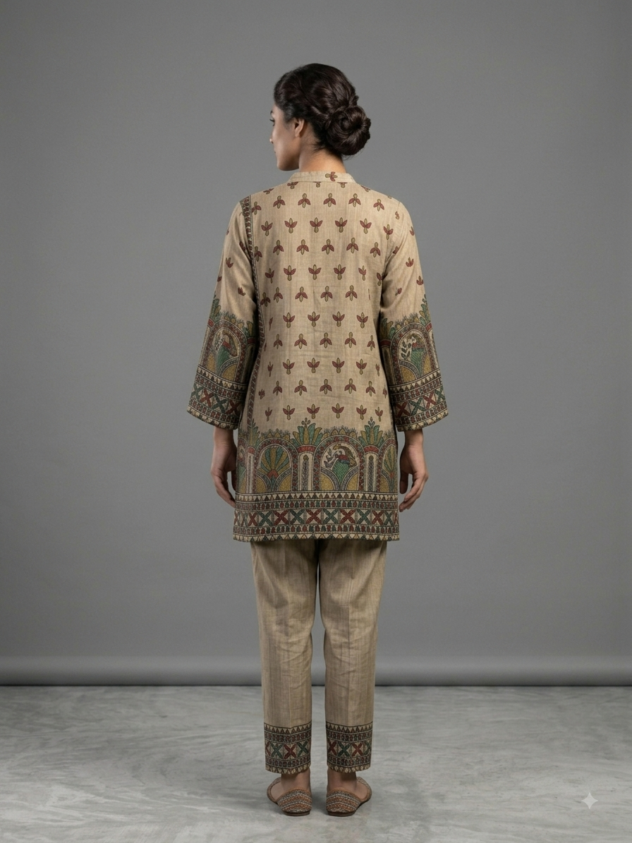 Beige Crepe Printed Cord Set