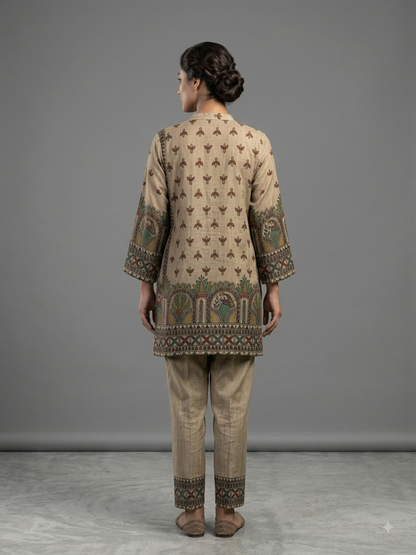 Beige Crepe Printed Cord Set