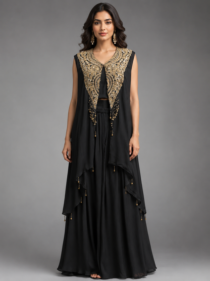 Black Satin Embellished kaftan with Cowl dreap skirt