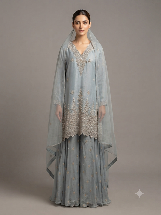 Grey Chinon Cut Dana Embroidered Kurta with Dupatta and Flared Pants