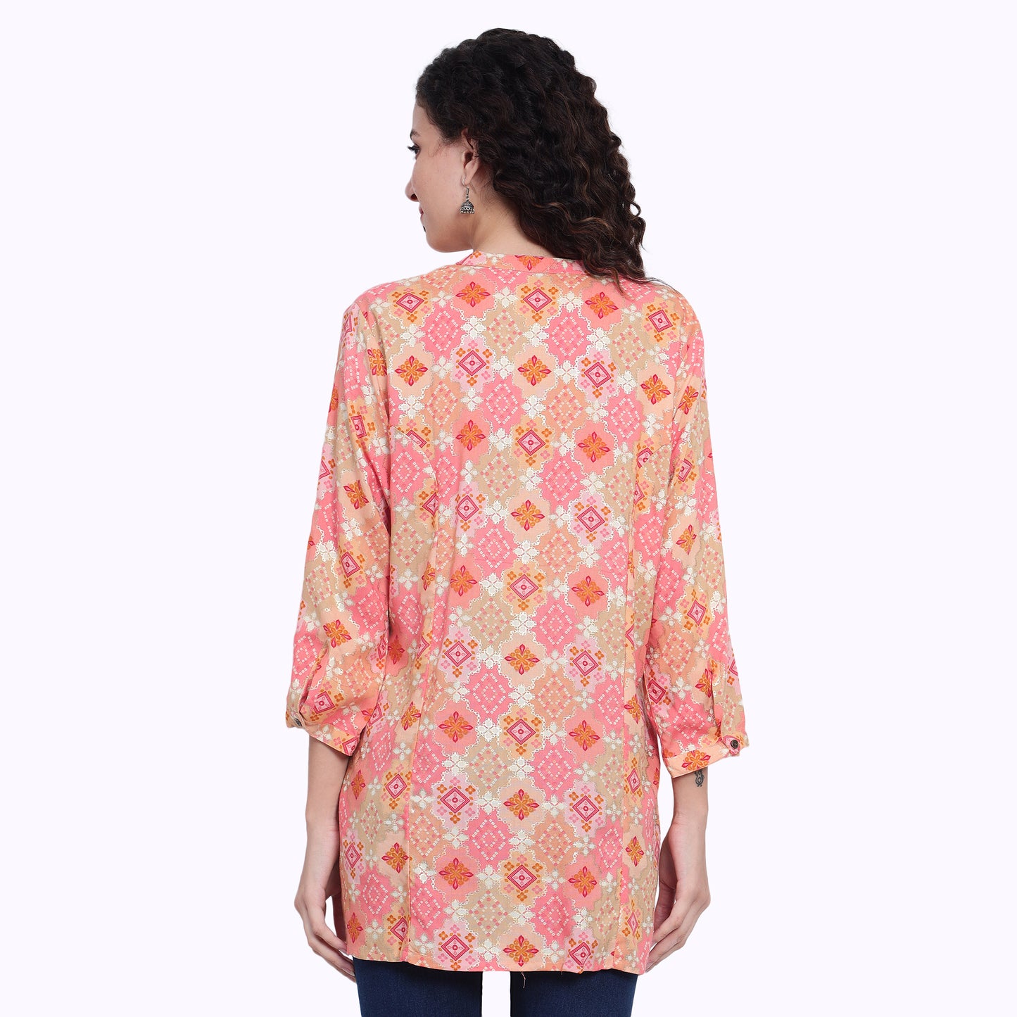 Peach Foil Printed Rayon Silk Short Kurta