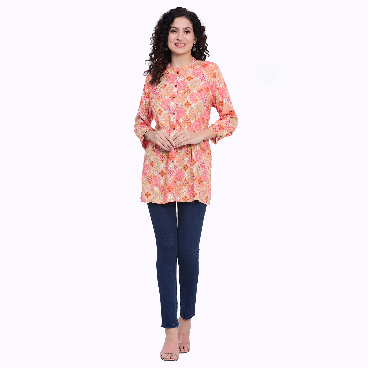 Peach Foil Printed Rayon Silk Short Kurta