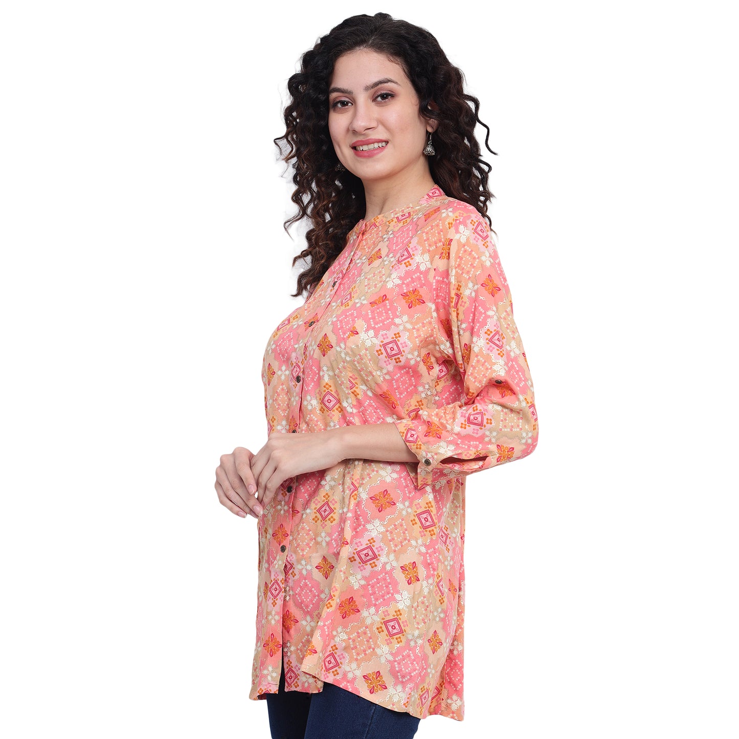 Peach Foil Printed Rayon Silk Short Kurta