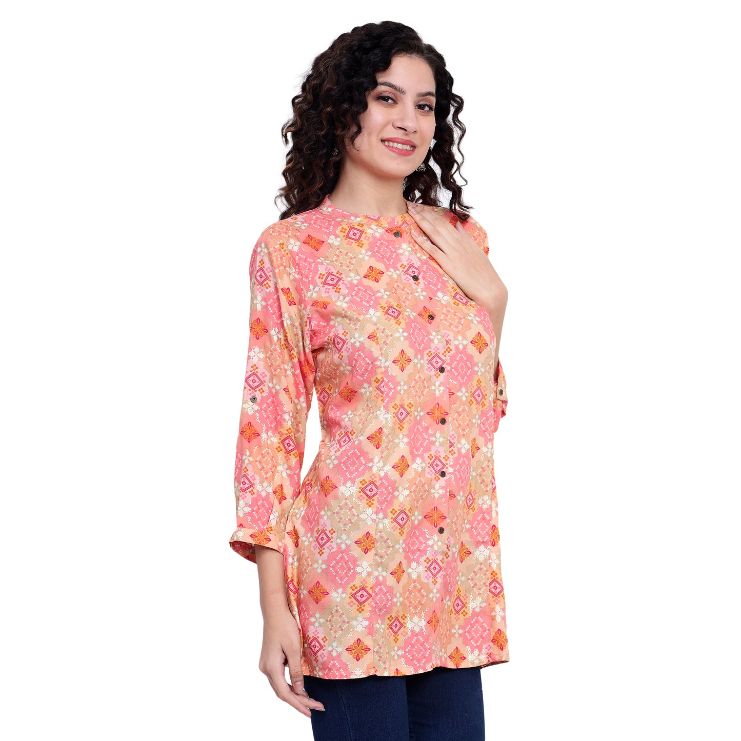 Peach Foil Printed Rayon Silk Short Kurta