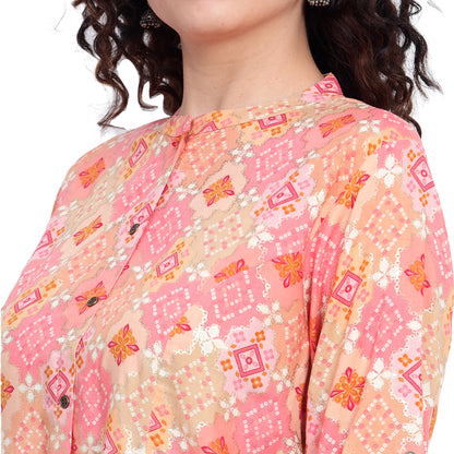 Peach Foil Printed Rayon Silk Short Kurta