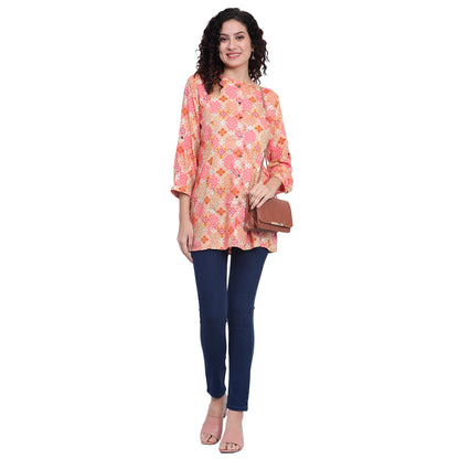 Peach Foil Printed Rayon Silk Short Kurta