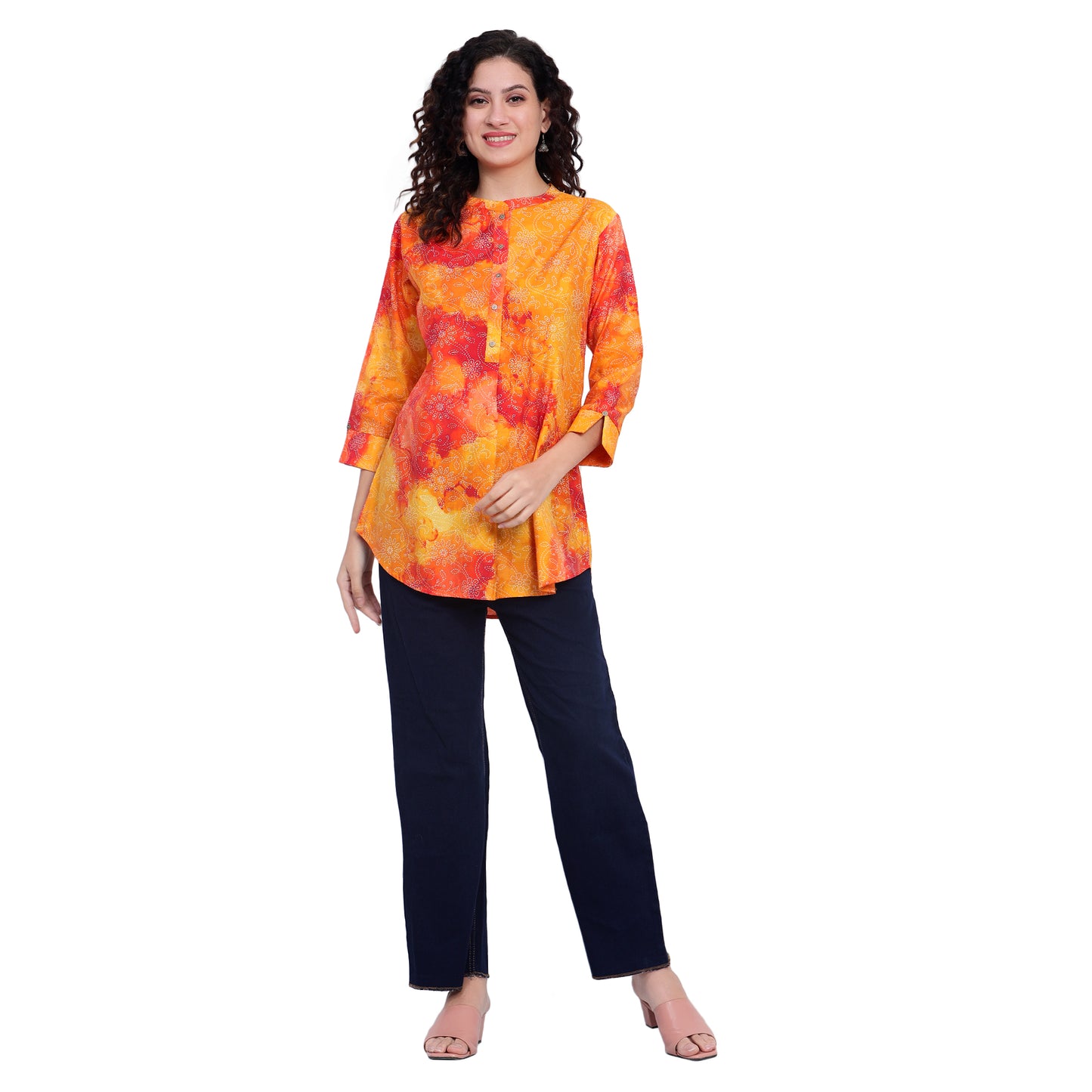 Orange Foil Printed Cotton Short Kurta